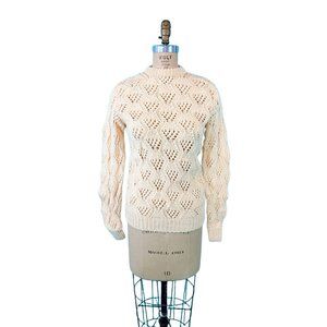 Vintage 1980s Chunky Sweater Cream Pointelle Mockneck Pullover | B 34-46"